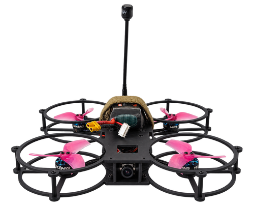 Pillager Defense indoor cinewhoop FPV drone with propeller guards, front camera and pink propellers